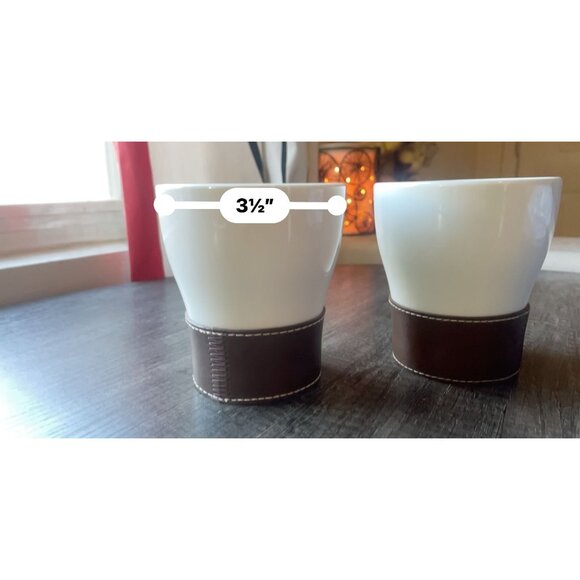 Pair White Ceramic Mugs Cups Brown Faux Leather Stitched Sleeves contemporary - Picture 7 of 7